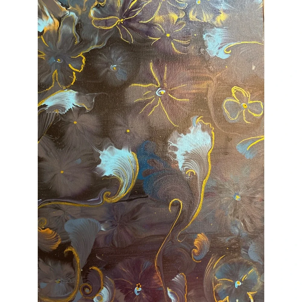 Abstract Floral Fluid Painting 10x20 Blue Gold Excellent Acrylic Pour Mixd media
